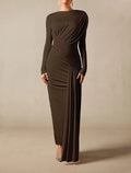 Pleated Long-sleeved Solid-color Tight Dress