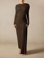Pleated Long-sleeved Solid-color Tight Dress