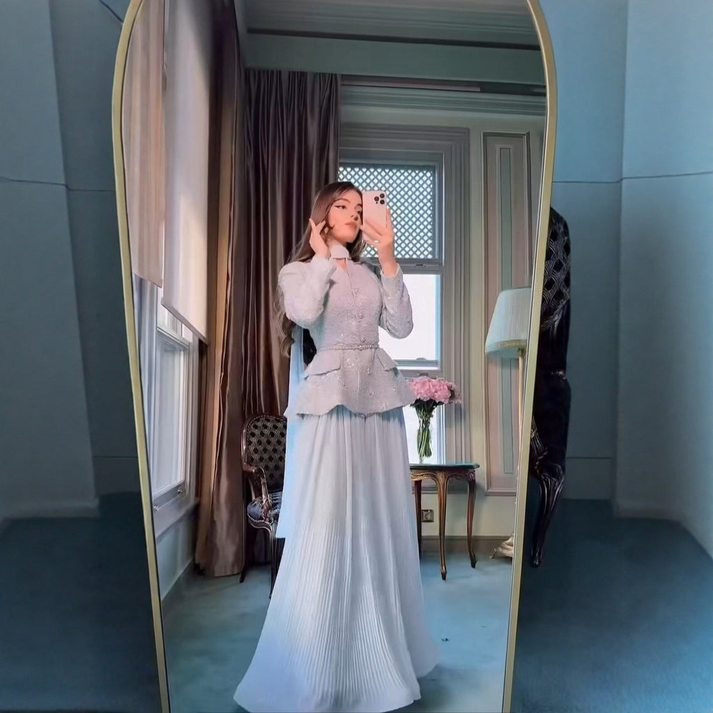 Chanel-style Pearl And Butterfly Jacket With Pleated Skirt Set
