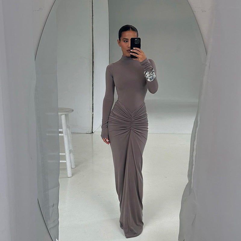 Slimming Beam Waist Pure Color Elegant Pleated Dress Women