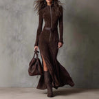 Slim Zipper Dress Elegant Temperament Split Long-sleeved Dresses Cowboy Fashion Retro Women's Clothing