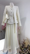 Chanel-style Pearl And Butterfly Jacket With Pleated Skirt Set