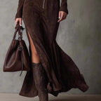 Slim Zipper Dress Elegant Temperament Split Long-sleeved Dresses Cowboy Fashion Retro Women's Clothing