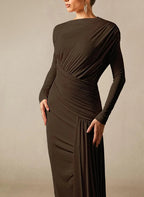 Pleated Long-sleeved Solid-color Tight Dress