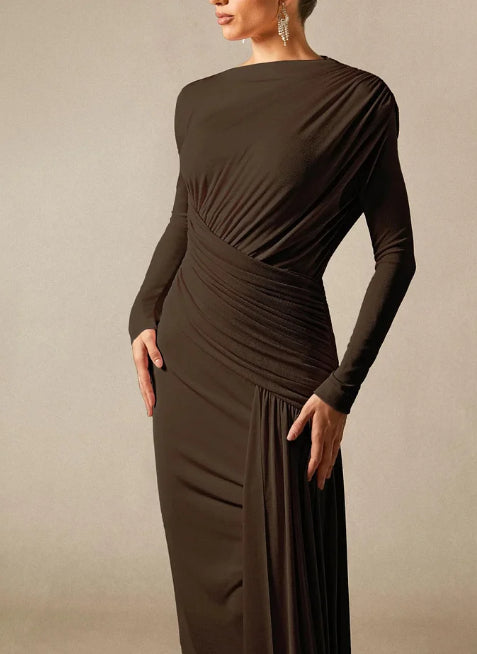 Pleated Long-sleeved Solid-color Tight Dress