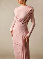 Pleated Long-sleeved Solid-color Tight Dress