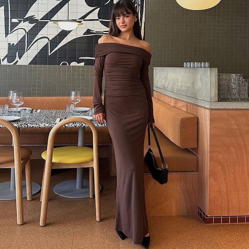Slimming Long Sleeves Solid Color Slim Fit Dress Women