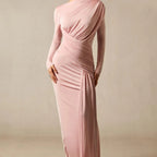 Pleated Long-sleeved Solid-color Tight Dress