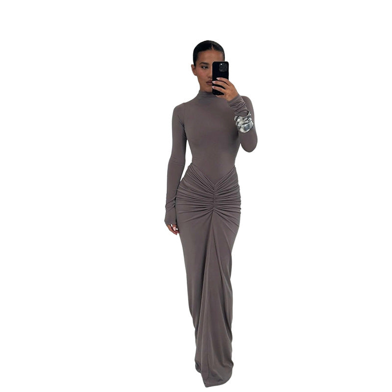 Slimming Beam Waist Pure Color Elegant Pleated Dress Women